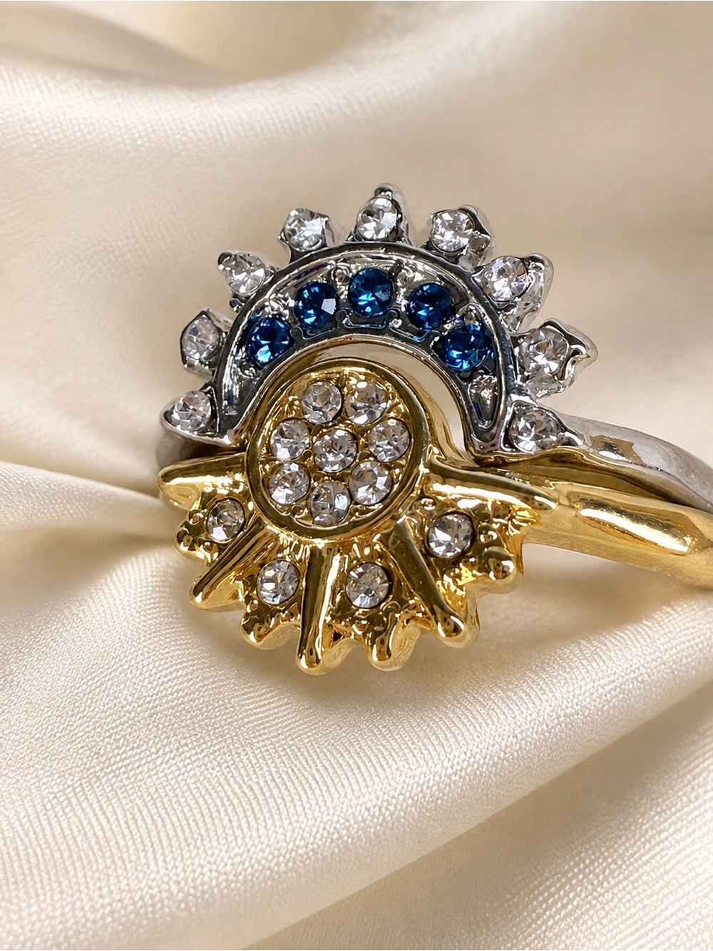 Gold and Silver Celestial Sun & Moon Ring with crystals
